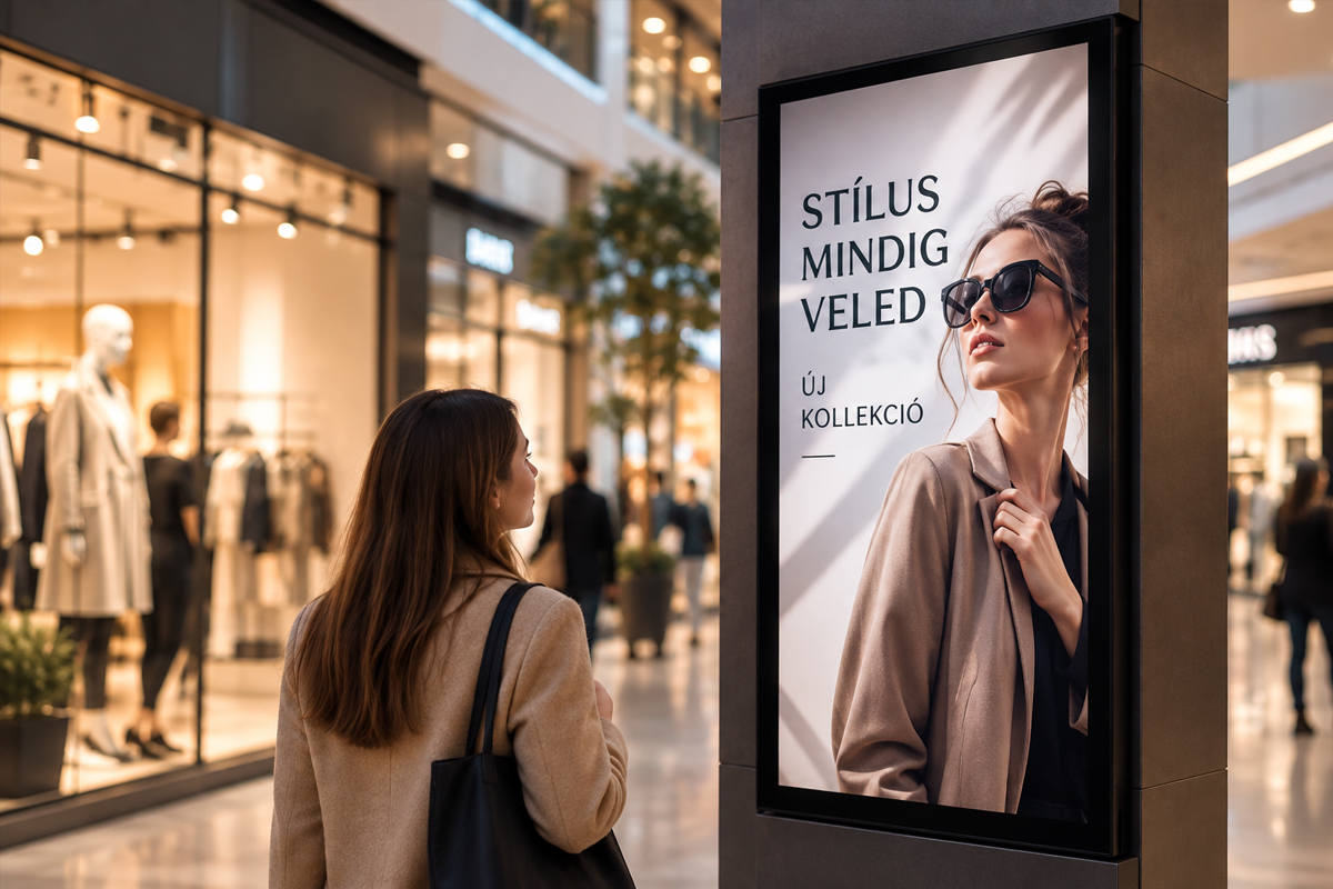 A shopping centre walkway with an advertising display