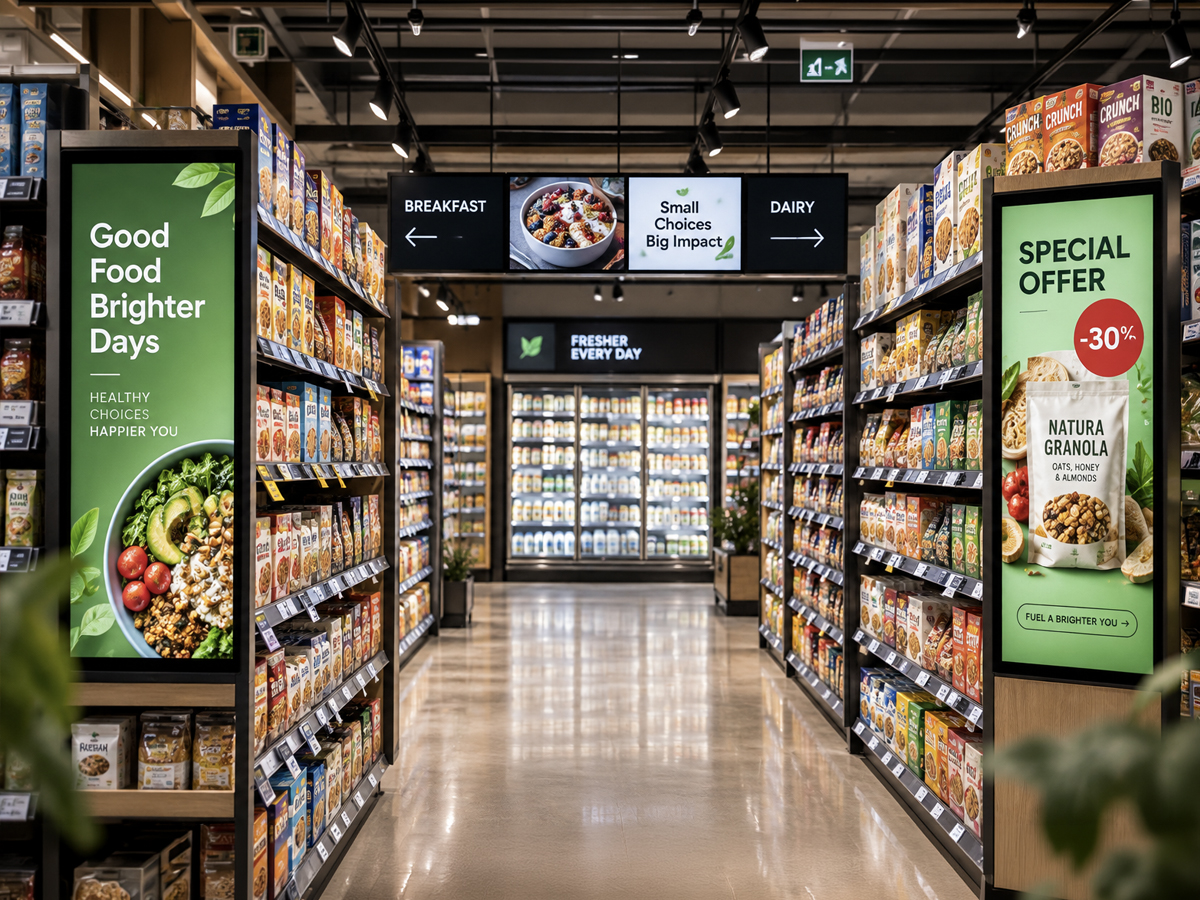 A supermarket aisle with a promotional display at the shelf end