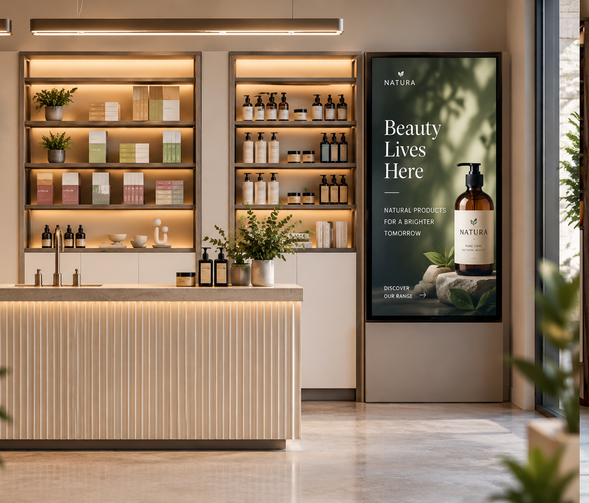 A shop counter with the product list on a screen behind it