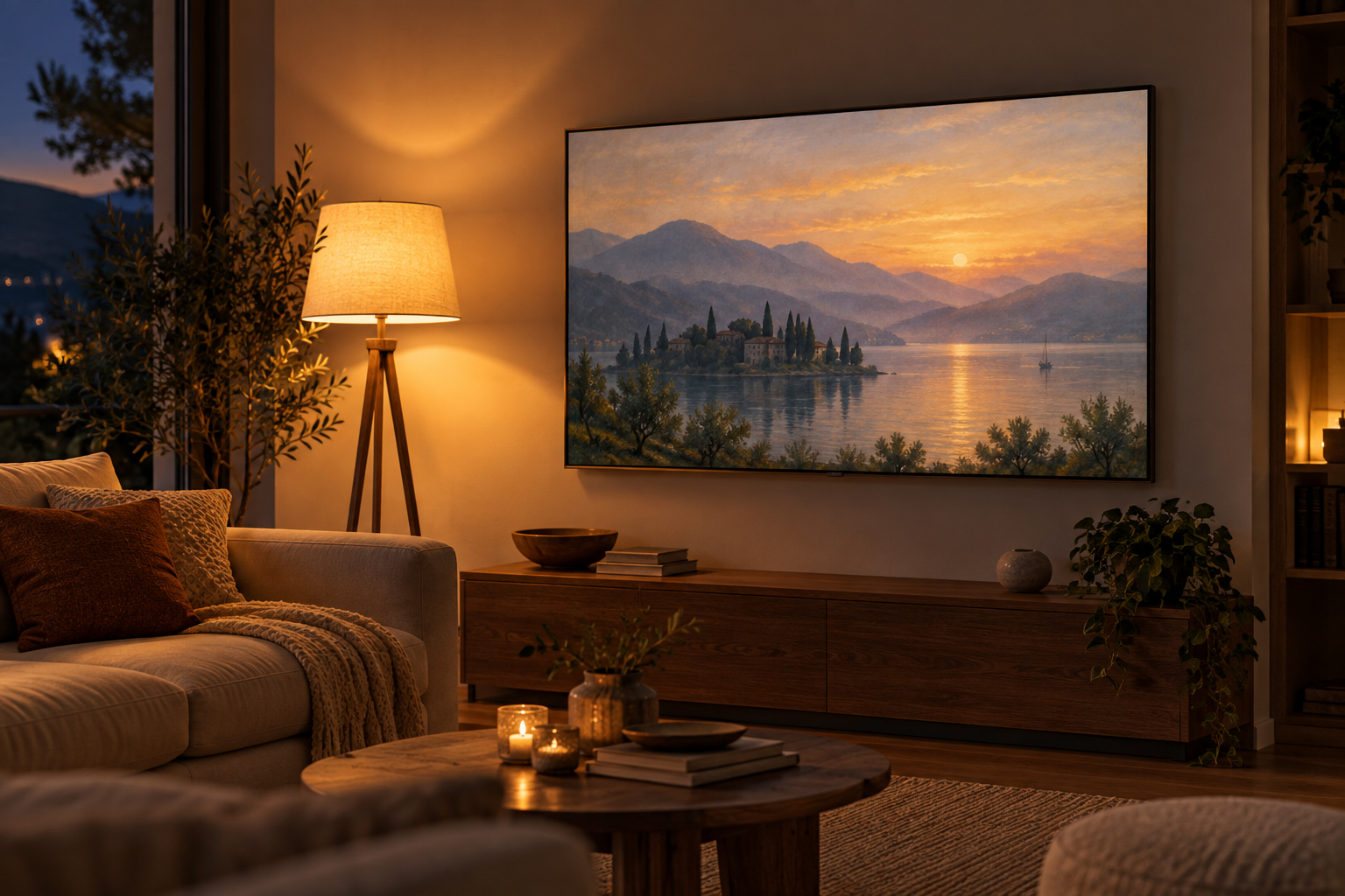A living room in evening lamplight with a quiet screen