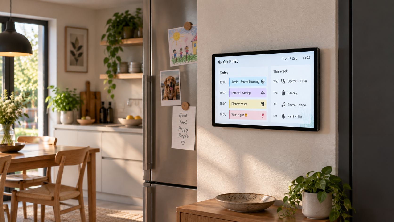 A kitchen counter with a screen showing the week’s plan